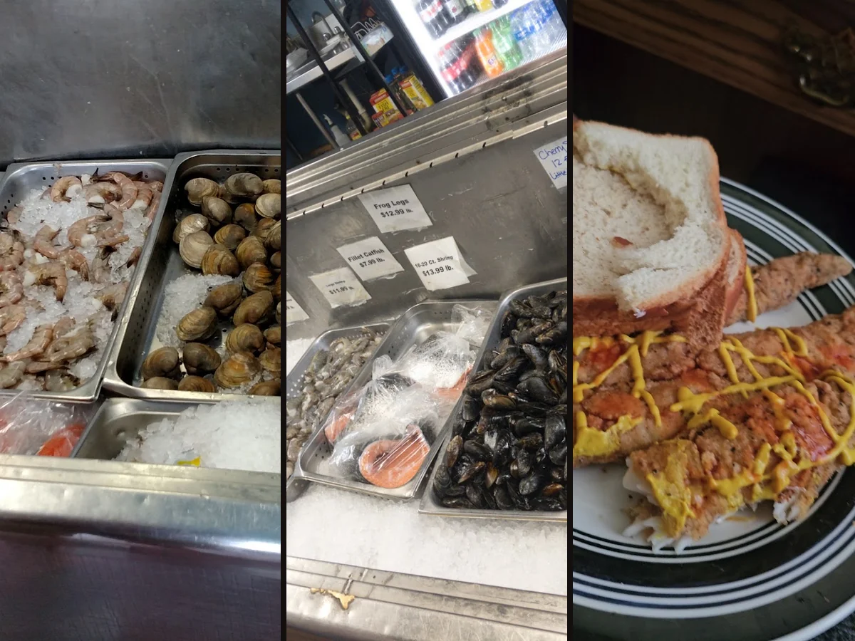 Takeout seafood trays ready for pickup.