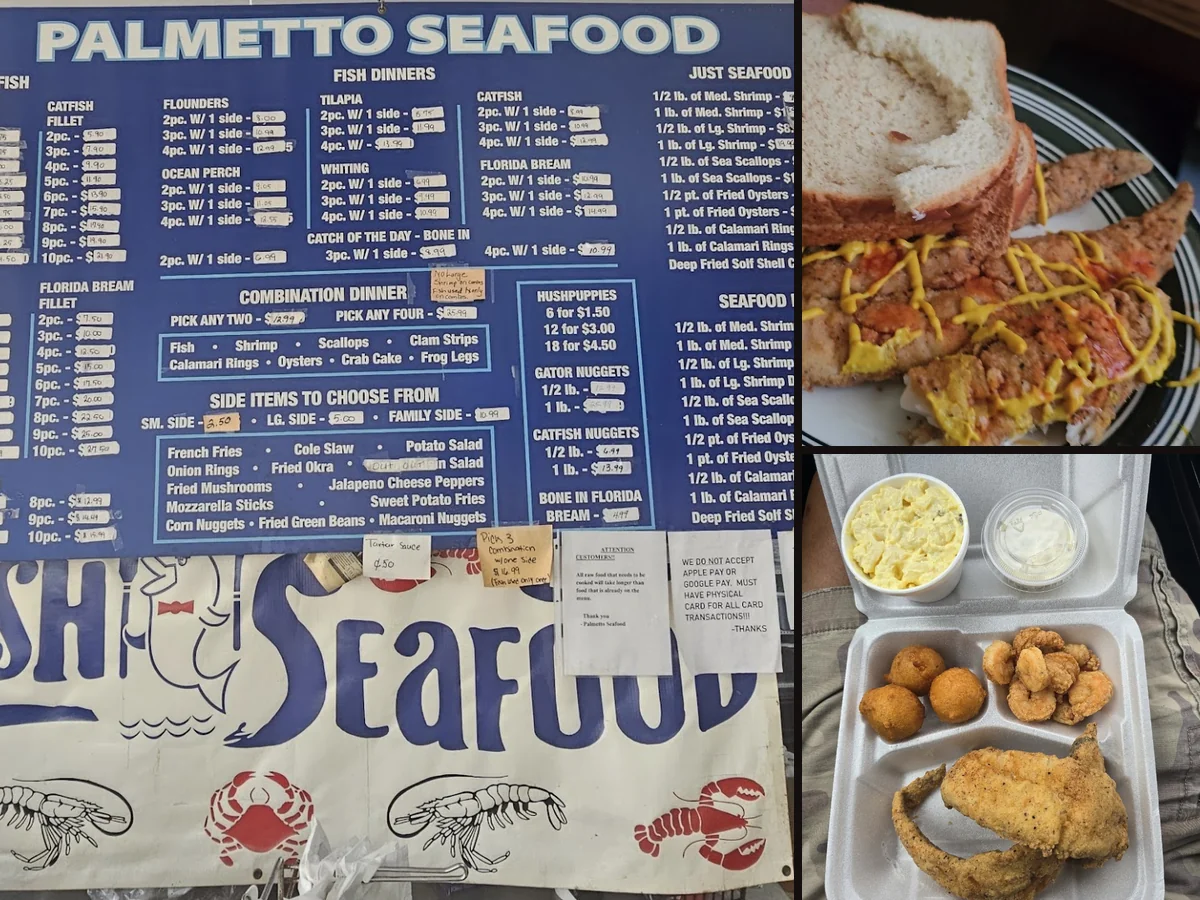 Fried seafood served in simple containers.