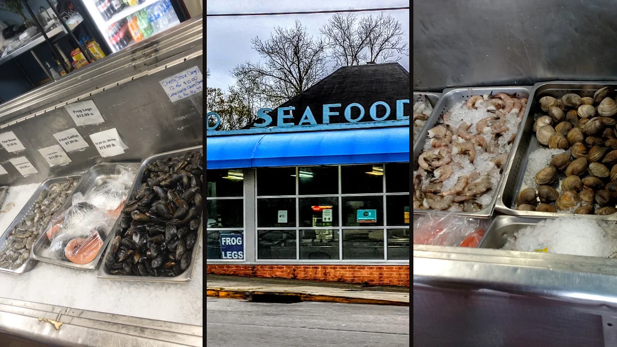 Fresh fish displayed behind the counter.