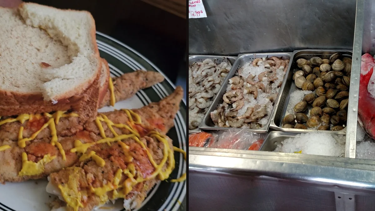 Takeout seafood trays ready for pickup.