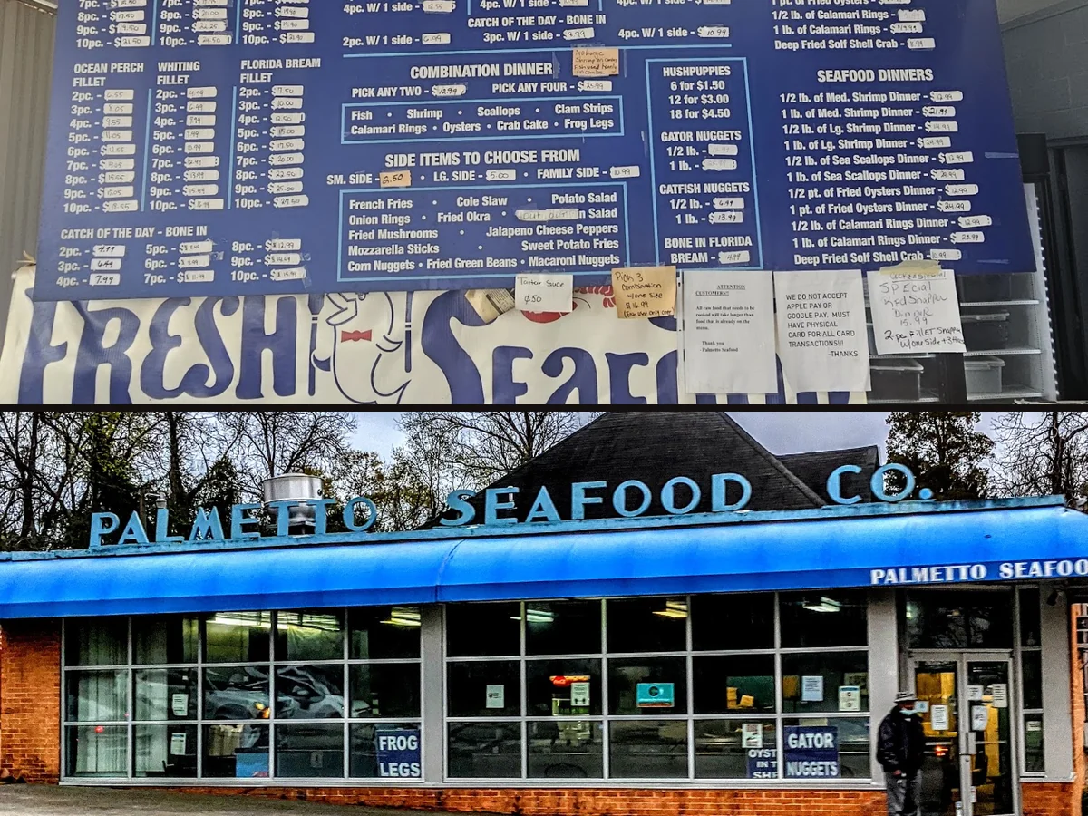 Fresh fish displayed behind the counter.