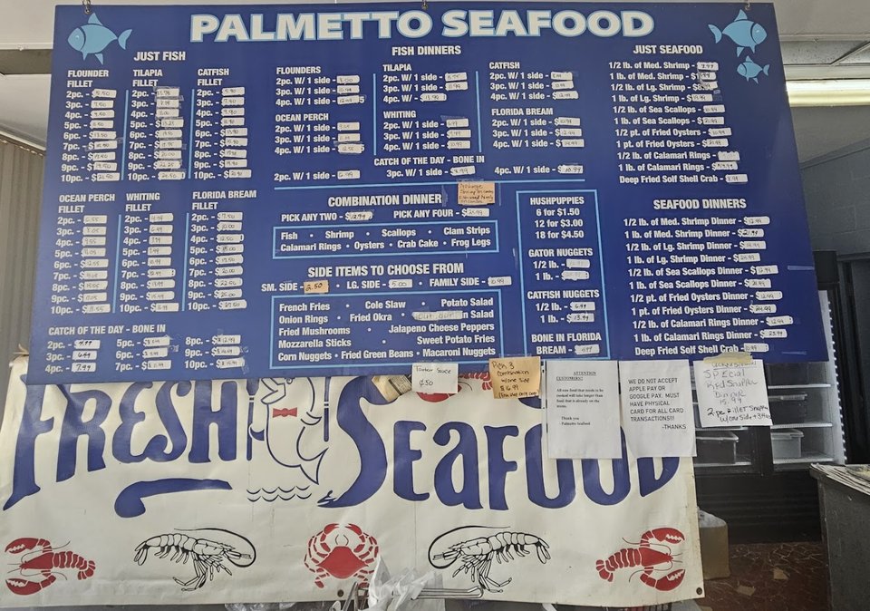 Takeout seafood trays ready for pickup.