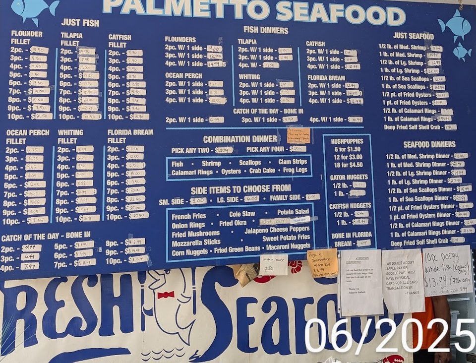 Menu board listing fish and fillet options.
